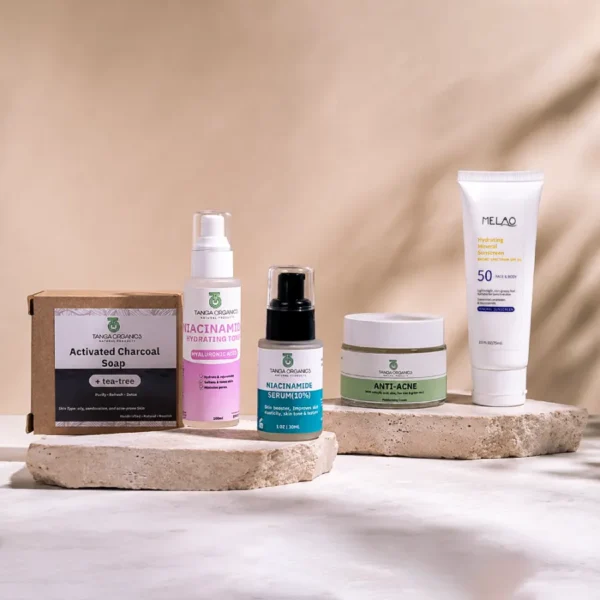 Acne Support Package skincare set with activated charcoal soap, niacinamide serum, salicylic acid moisturiser and SPF 50 sunscreen