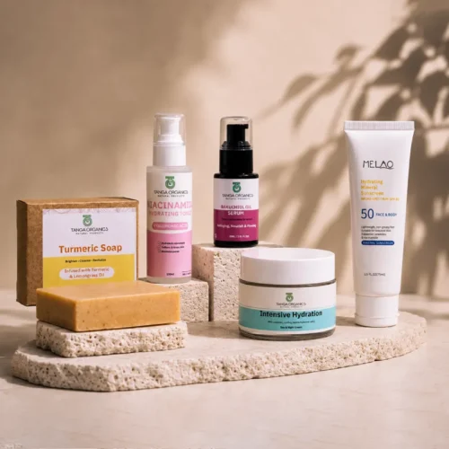 Anti-Ageing-Support Anti-Ageing Support Package skincare set with turmeric soap, niacinamide toner, Bakuchiol oil serum, hydration cream and SPF 50 sunscreen