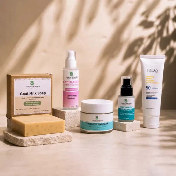 Barrier Repair Package skincare set with goat milk soap, niacinamide toner, niacinamide serum, hydration cream and SPF 50 sunscreen