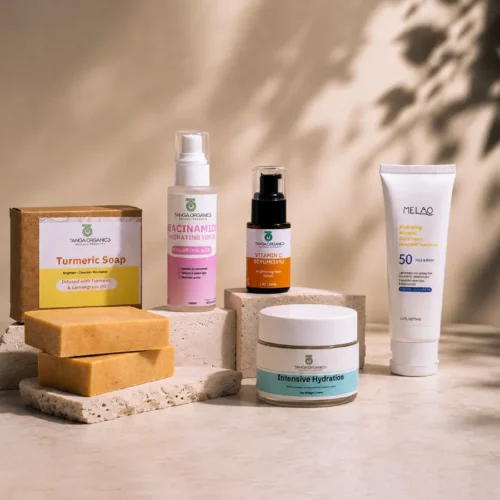 Brightening-Package Brightening Package skincare set with turmeric soap, niacinamide toner, Vitamin C serum, hydration cream and SPF 50 sunscreen
