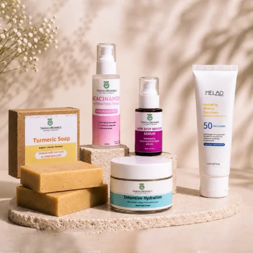 Hyperpigmentation-Support-Package Hyperpigmentation Support Package skincare set with turmeric soap, niacinamide toner, dark spot remover serum, hydration cream and SPF 50 sunscreen
